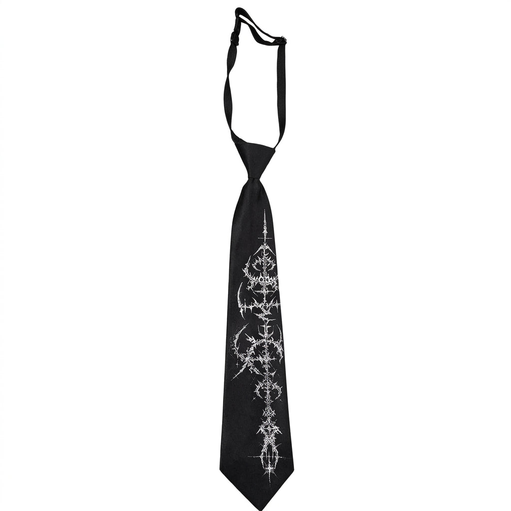 Visual Kei Black Satin Clip-On Tie with Thorn Cross Print black Shoptery