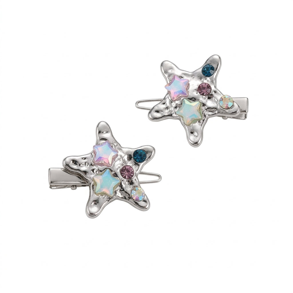 Decora Iridescent Crystal Star Hair Clip Set Silver 2Pcs Shoptery