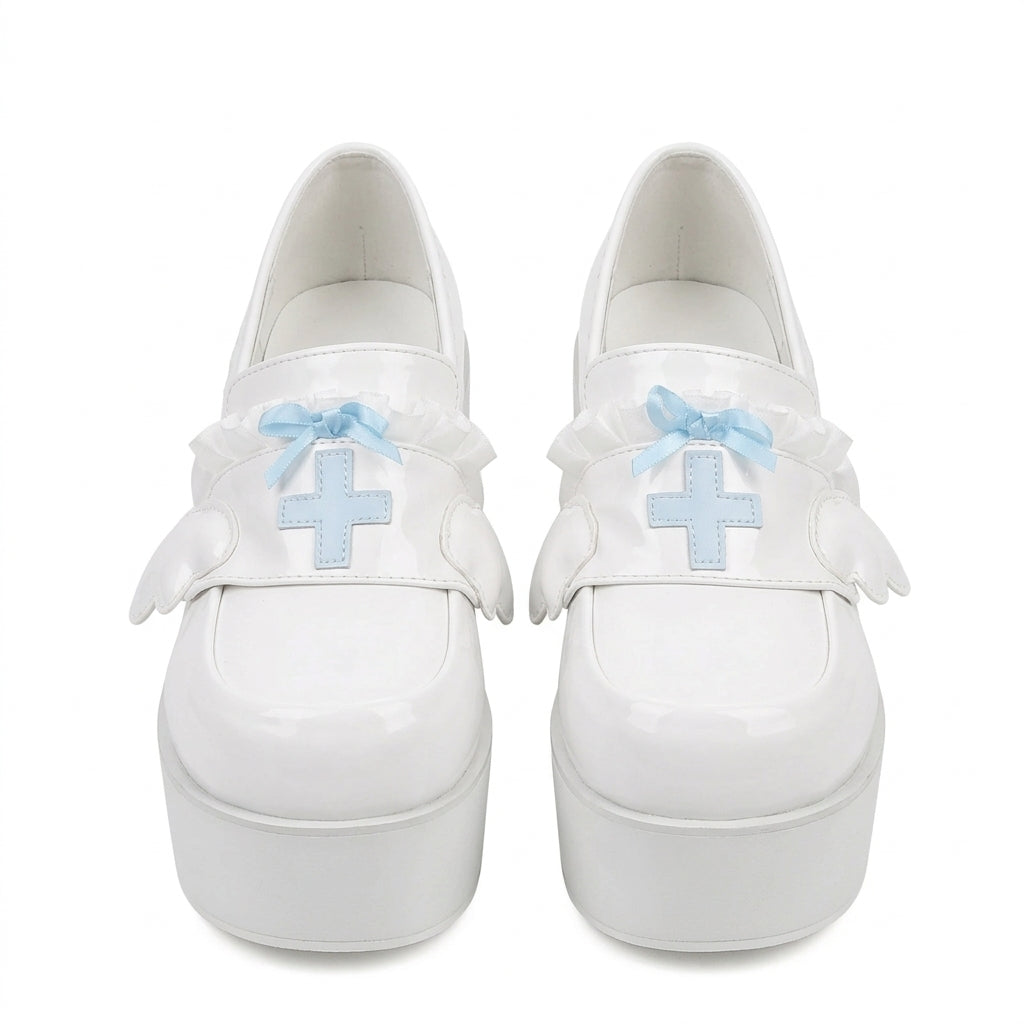 Menhera White Platform Loafers with Cross and Bow Details SKY BLUE Shoptery