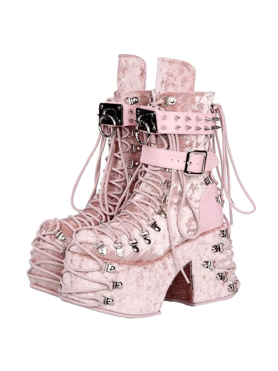 Jirai Kei Pink Velvet Platform Lace-Up Studded Mid-Calf Boots Pink Shoptery Main image