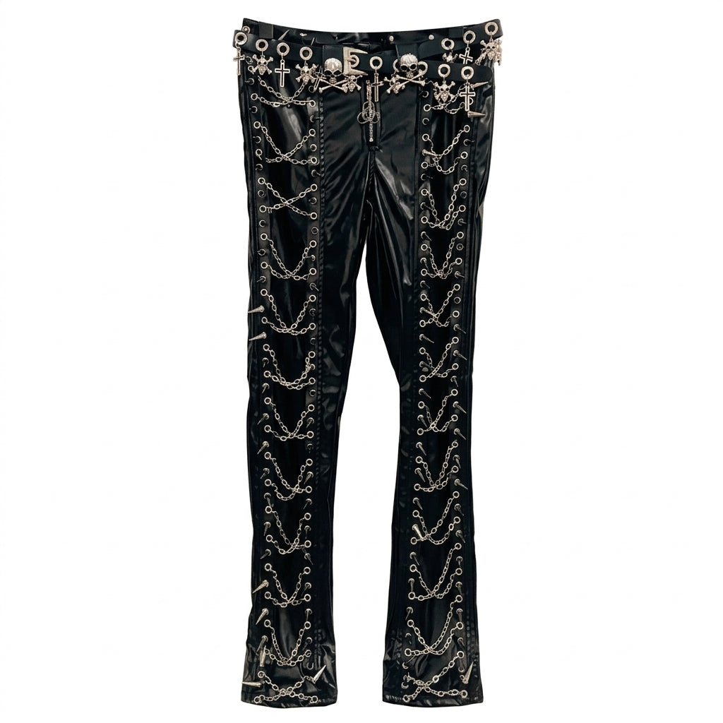 Visual Kei PVC Chain & Skull Charm Low-Rise Bootcut Trousers black Shoptery