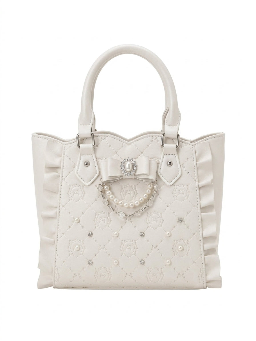 Jirai Kei Quilted Pearl Bow Ruffle Tote Bag in Ivory White Shoptery Main image