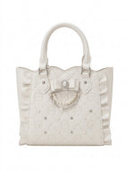 Jirai Kei Quilted Pearl Bow Ruffle Tote Bag in Ivory White Shoptery