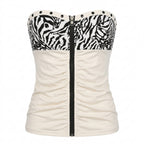 Gyaru Zebra Print Studded Zip-Up Ruched Strapless Corset Top WHITE Shoptery