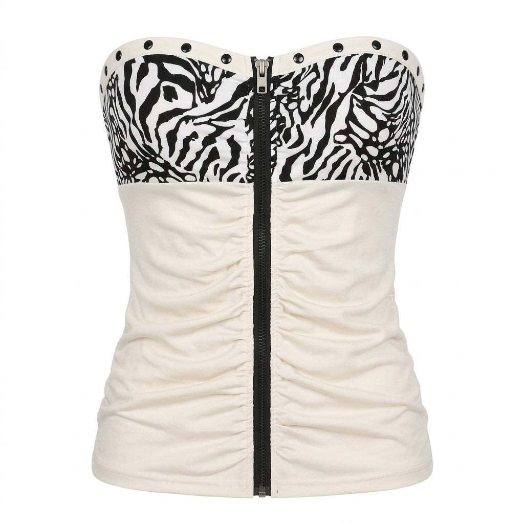 Gyaru Zebra Print Studded Zip-Up Ruched Strapless Corset Top WHITE Shoptery