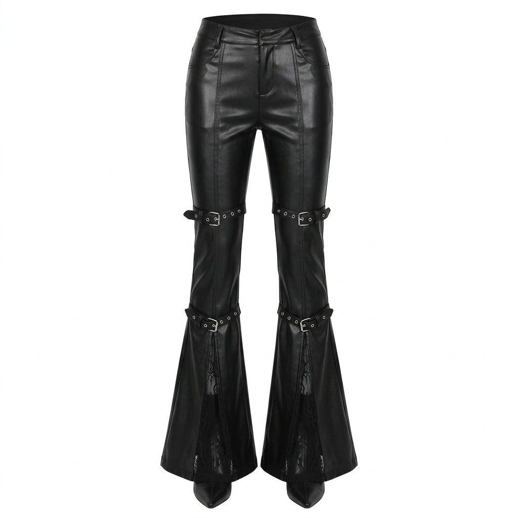 Visual Kei Faux Leather Buckle Strap Bell Bottom Flare Pants Shoptery Main image