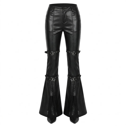 Visual Kei Faux Leather Buckle Strap Bell Bottom Flare Pants Shoptery