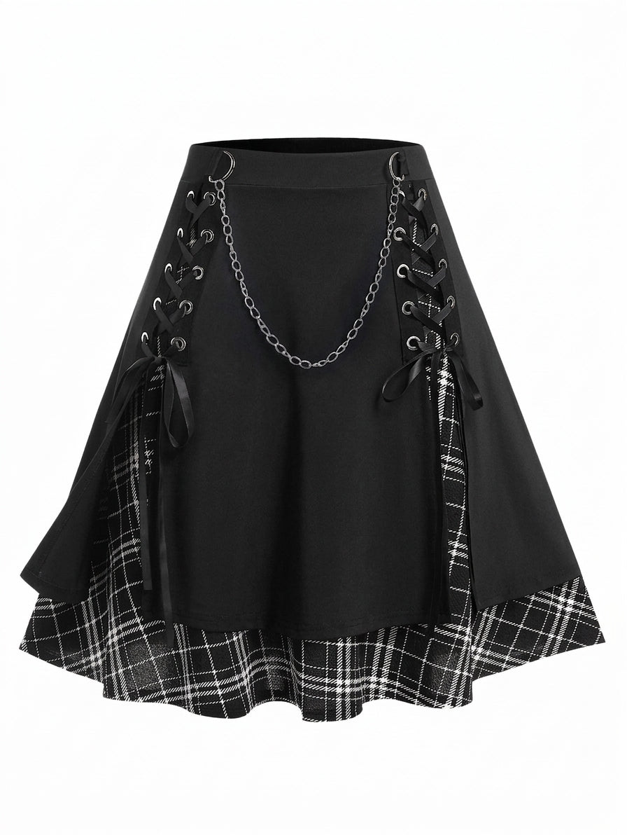 Jirai Kei Black Plaid Lace-Up Chain Mini Skirt Black Shoptery Main image