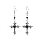 Visual Kei Ornate Silver Cross Black Heart Crystal Drop Earrings Shoptery