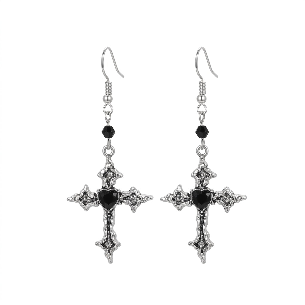 Visual Kei Ornate Silver Cross Black Heart Crystal Drop Earrings Shoptery