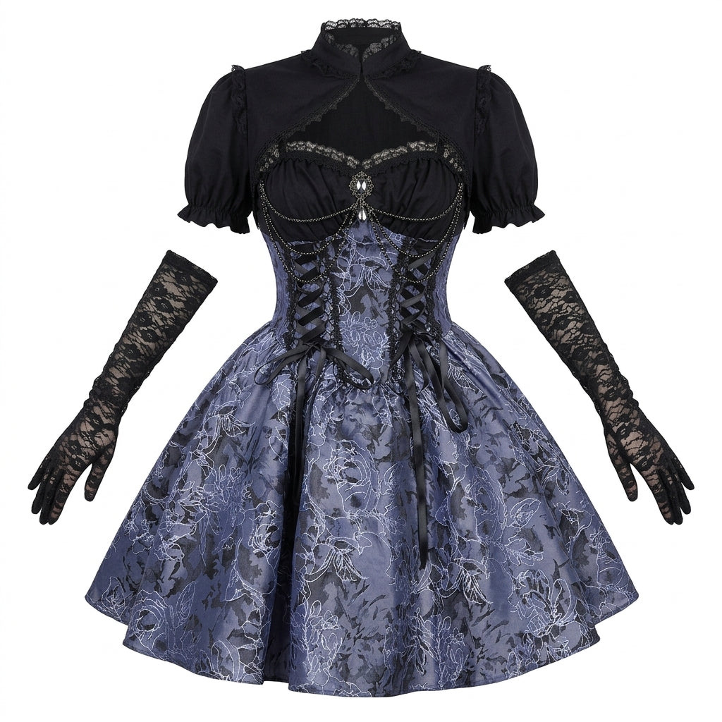 Jirai Kei Gothic Corset Lace-Up Jacquard Mini Dress with Bolero Set Set(no sleeves) Shoptery Main image