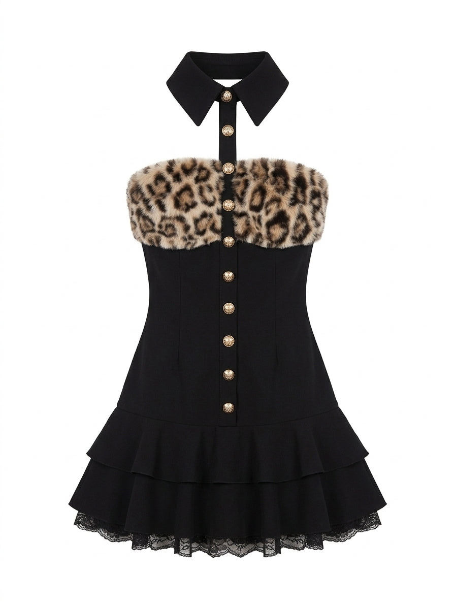Gyaru Leopard Faux Fur Halter Mini Dress with Lace Ruffle Hem black Shoptery Main image