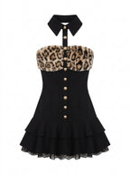 Gyaru Leopard Faux Fur Halter Mini Dress with Lace Ruffle Hem black Shoptery