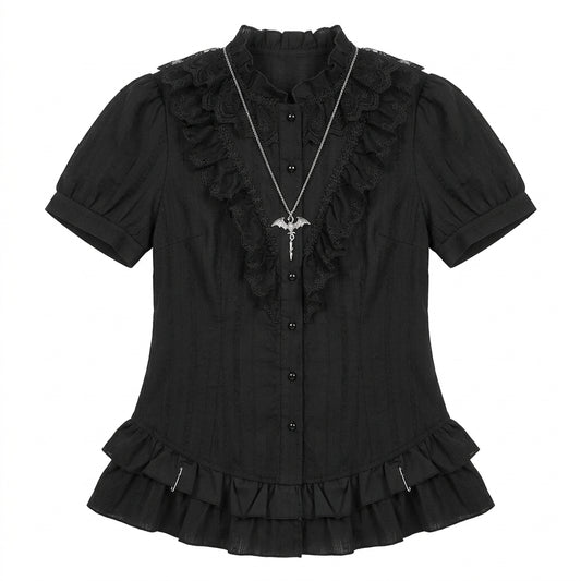 Jirai Kei Black Lace Ruffle Blouse with Bat Cross Necklace Shoptery