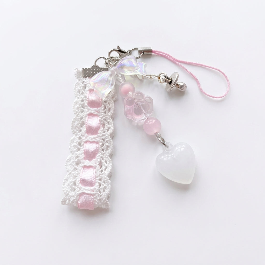 Fairy Kei White Lace Heart & Flower Bead Phone Strap Charm B Shoptery Hauptbild