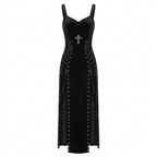 Visual Kei Black Velvet Cross Lace-Up Maxi Slip Dress black Shoptery