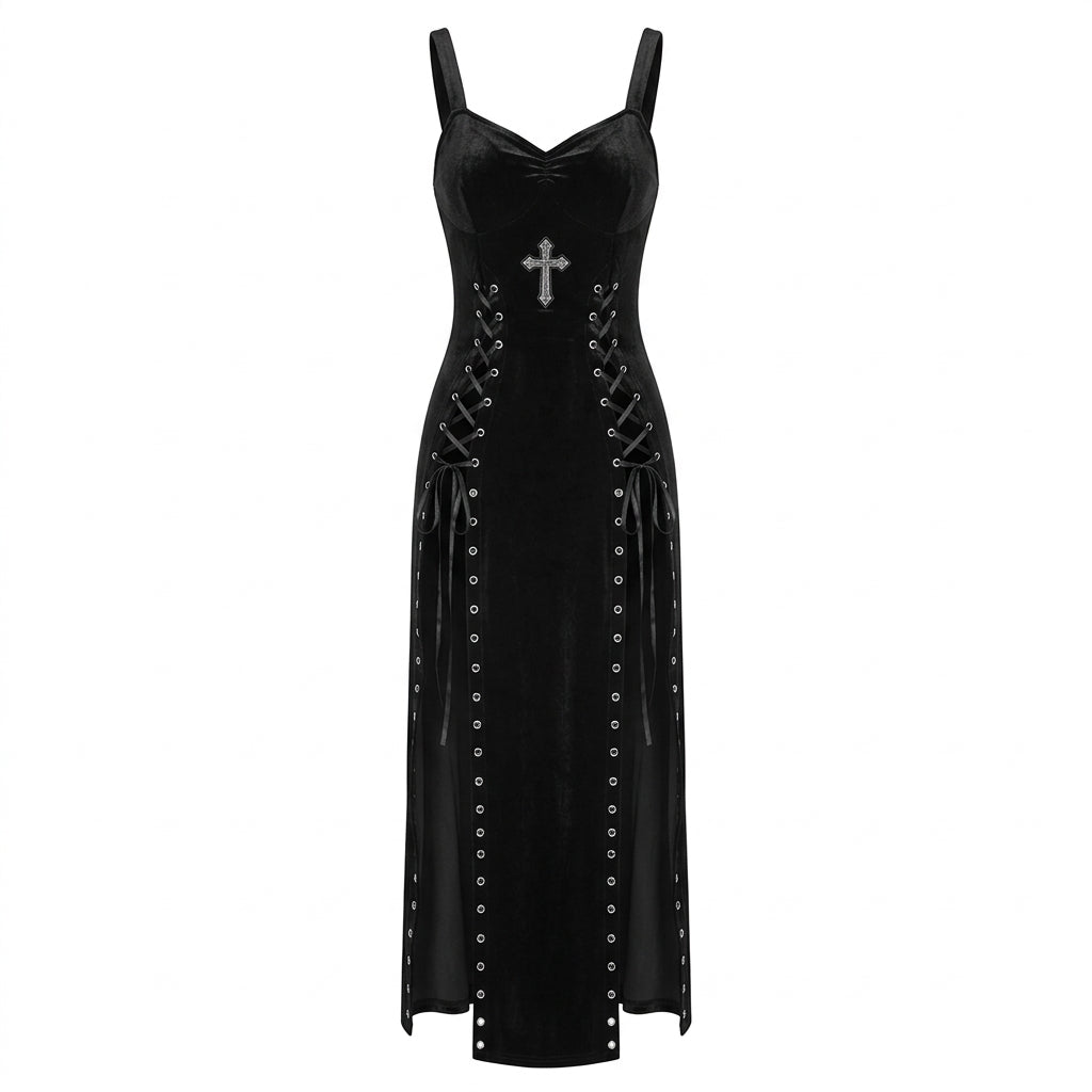 Visual Kei Black Velvet Cross Lace-Up Maxi Slip Dress black Shoptery