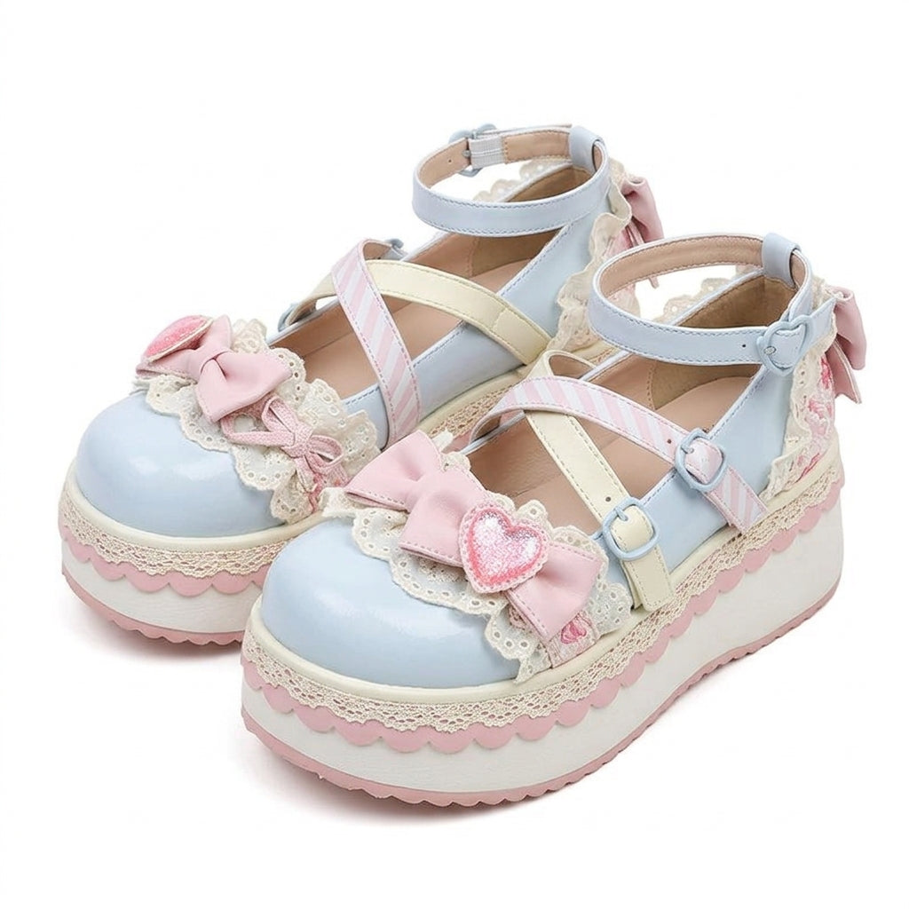 Fairy Kei Sweet Lace Bow Heart Platform Mary Jane Shoes Blue Shoptery