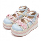 Fairy Kei Sweet Lace Bow Heart Platform Mary Jane Shoes Blue Shoptery