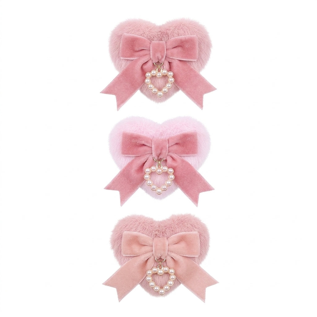 Jirai Kei Fluffy Heart Velvet Bow Pearl Charm Hair Clip 06 pink pink Shoptery