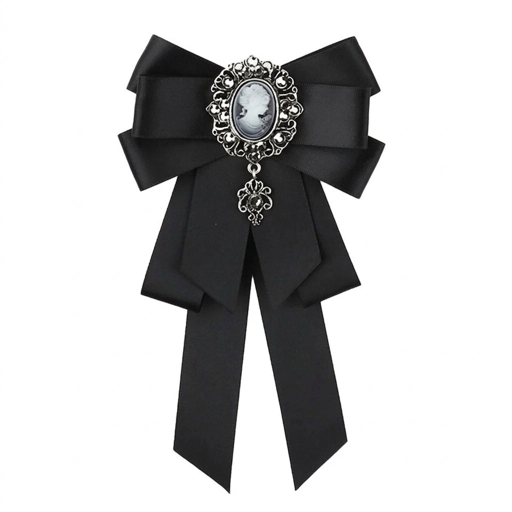 Visual Kei Black Satin Cameo Bow Brooch Lapel Pin Black Shoptery