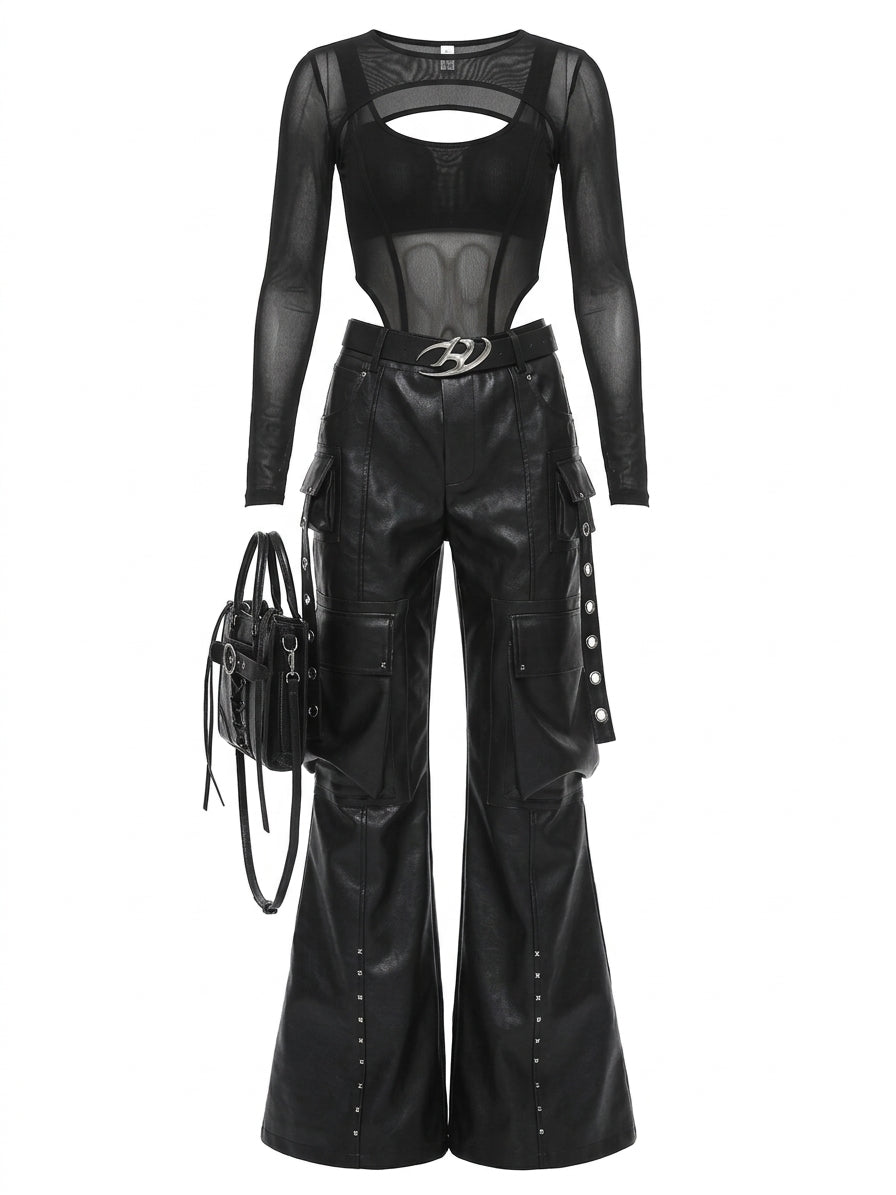 Visual Kei Faux Leather Flare Cargo Pants with Mesh Top Set Black Shoptery Main image
