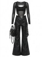 Visual Kei Faux Leather Flare Cargo Pants with Mesh Top Set Black Shoptery