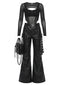 Visual Kei Faux Leather Flare Cargo Pants with Mesh Top Set Black Shoptery