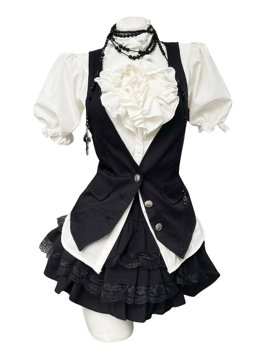 Jirai Kei Ruffle Blouse Black Vest & Lace Skirt 3-Piece Set Shoptery