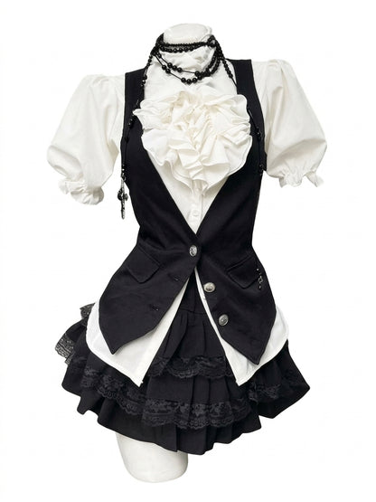 Jirai Kei Ruffle Blouse Black Vest & Lace Skirt 3-Piece Set Shoptery