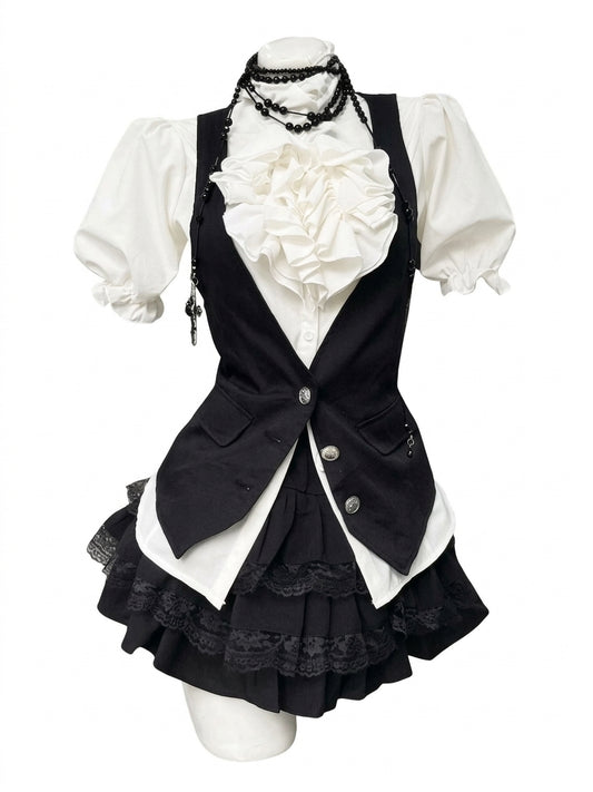 Jirai Kei Ruffle Blouse Black Vest & Lace Skirt 3-Piece Set Shoptery