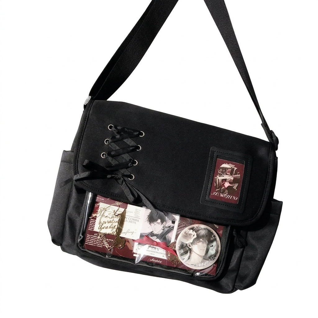 Jirai Kei Black Lace-Up Ita Messenger Bag with Clear Window Black Only Bag 35x28x7cm Shoptery Main image