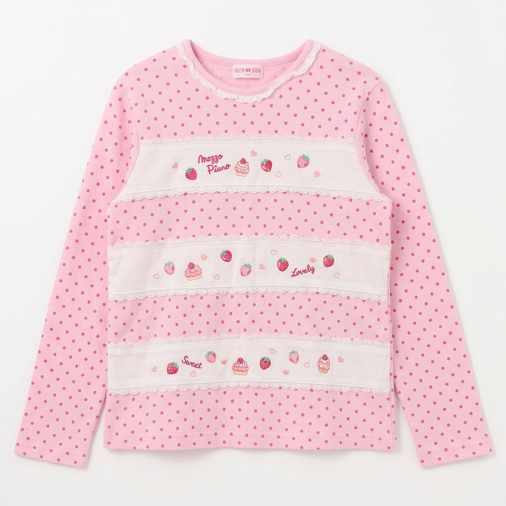 Fairy Kei Strawberry Sweet Lace Polka Dot Long Sleeve Top pink Shoptery