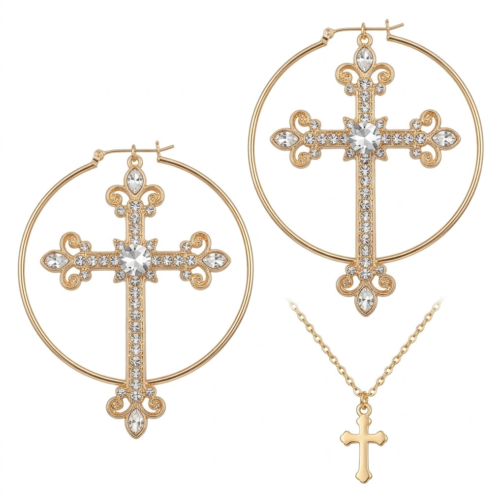 Visual Kei Baroque Crystal Cross Hoop Earrings & Necklace Set Gold Color Shoptery Main image