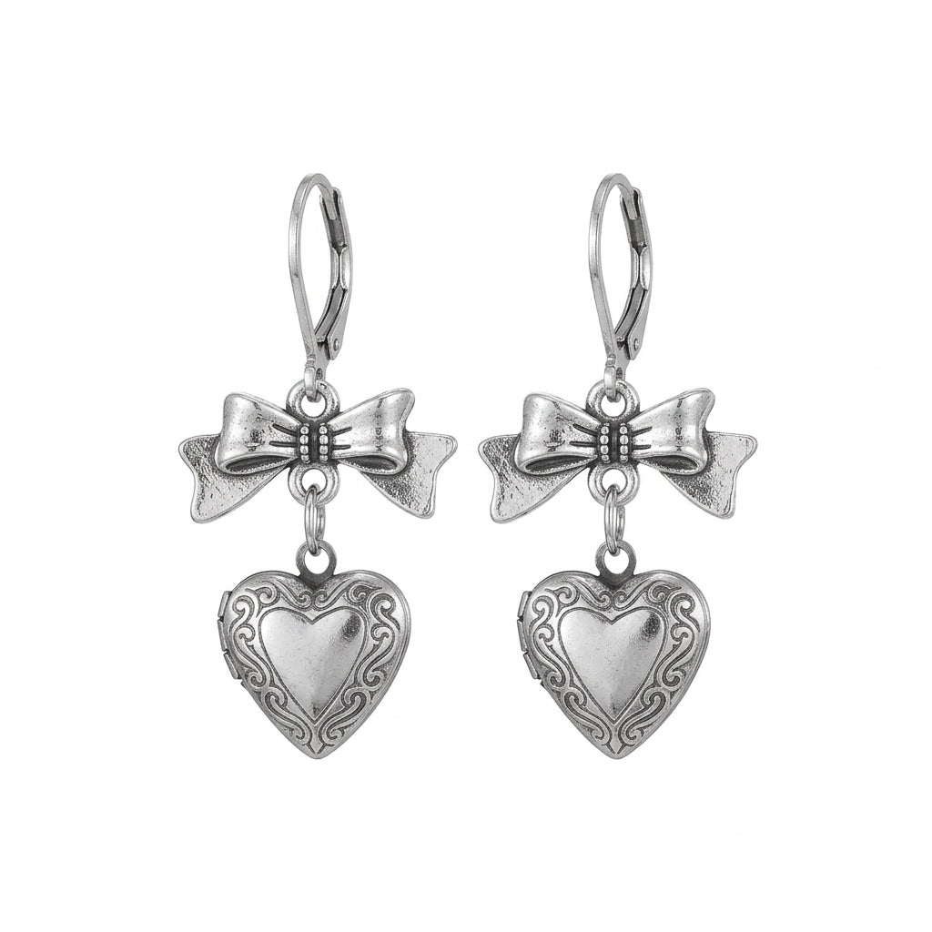 Jirai Kei Antique Silver Bow & Heart Locket Dangle Earrings 1 Shoptery