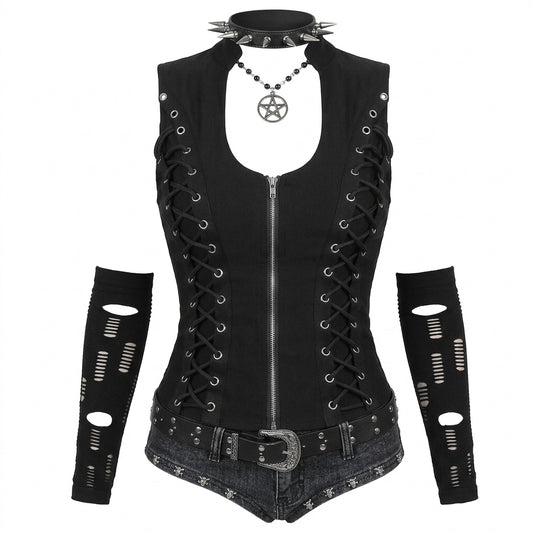 Visual Kei Lace-Up Corset Vest with Spiked Choker & Torn Arm Warmers Shoptery