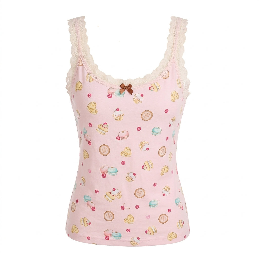 Fairy Kei Sweets Print Lace Camisole Top with Butterfly Accessories Pink Shoptery