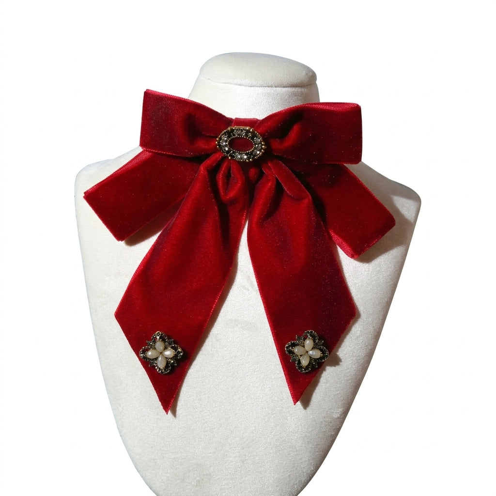 Jirai Kei Red Velvet Bow Choker with Pearl Rhinestone Brooches Shoptery