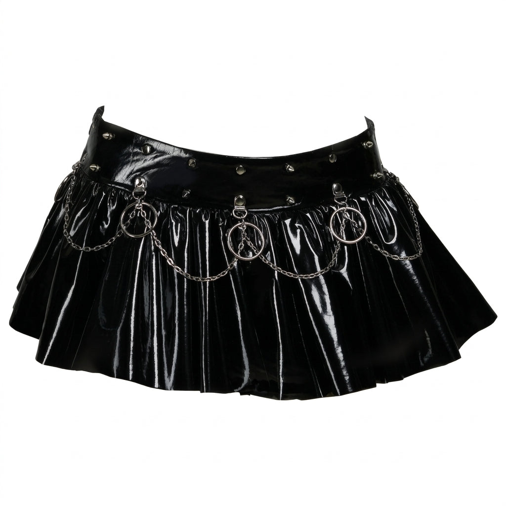 Visual Kei Patent PVC Pleated Mini Skirt with Studs and O-Ring Chains Shoptery Main image