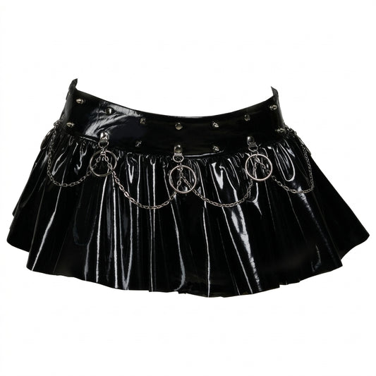 Visual Kei Patent PVC Pleated Mini Skirt with Studs and O-Ring Chains Shoptery