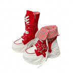 Jirai Kei Red Gingham Platform High-Top Lace-Up Boots with Star Buckle Shoptery