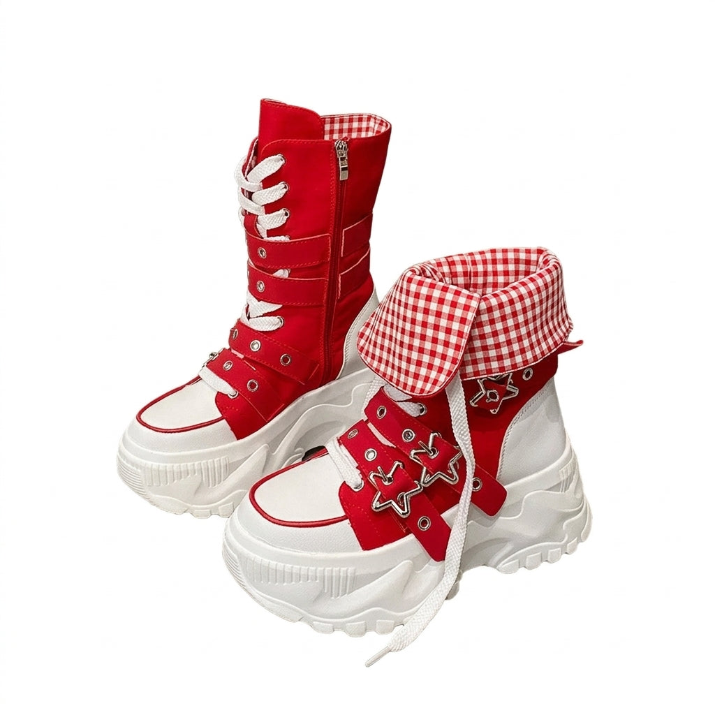 Jirai Kei Red Gingham Platform High-Top Lace-Up Boots with Star Buckle Shoptery