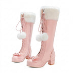 Jirai Kei Pink Faux Fur Pom-Pom Lace-Up Knee-High Platform Boots Pink Shoptery