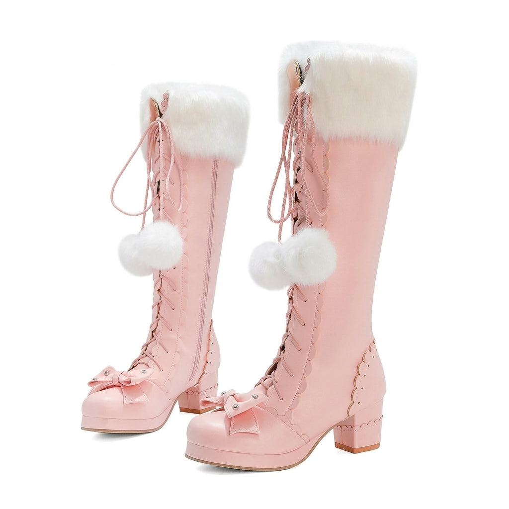 Jirai Kei Pink Faux Fur Pom-Pom Lace-Up Knee-High Platform Boots Pink Shoptery