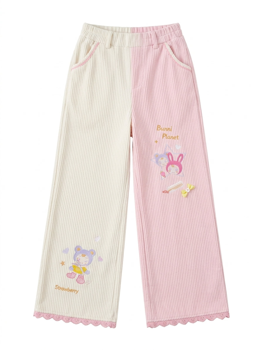 Fairy Kei Bunni Planet Bicolor Wide Leg Embroidered Pants Pink Shoptery