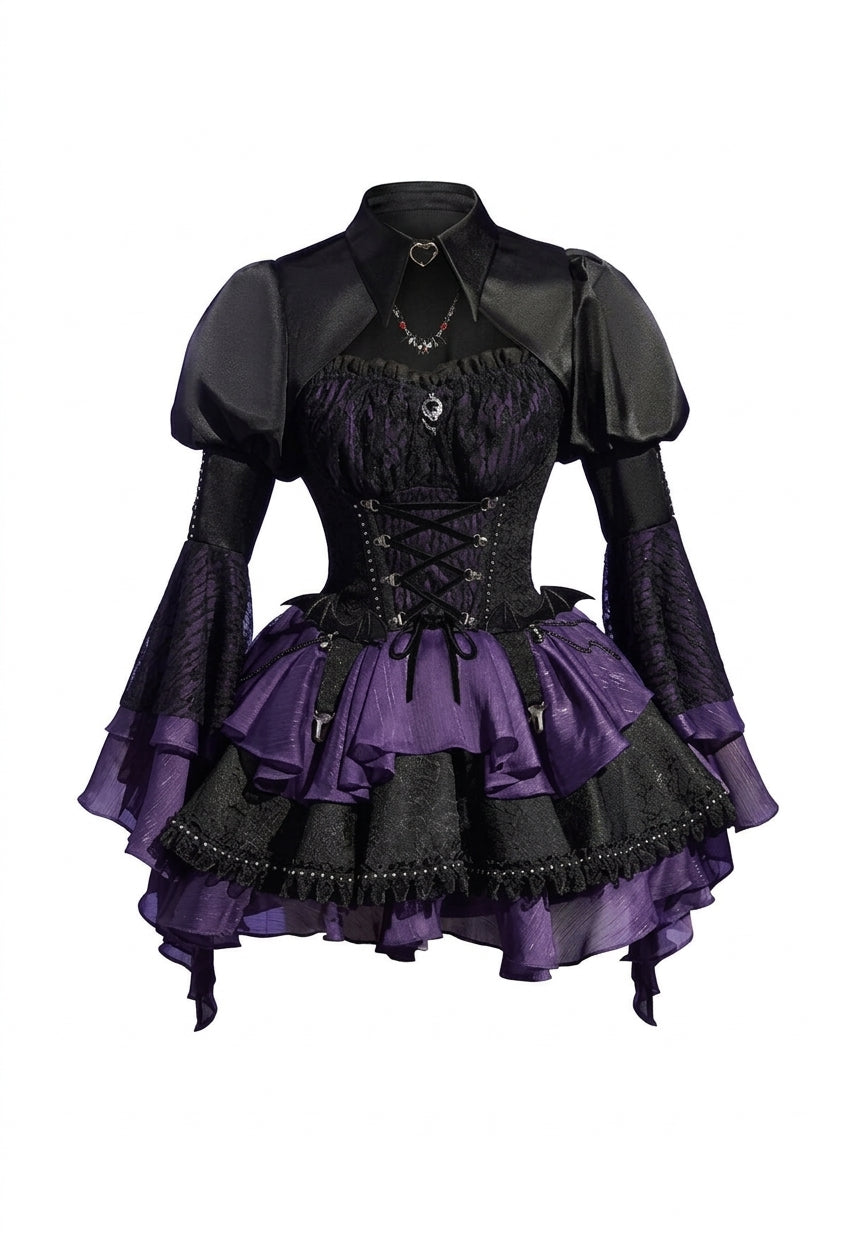 Visual Kei Gothic Corset Lace-Up Mini Dress with Bell Sleeves Shoptery