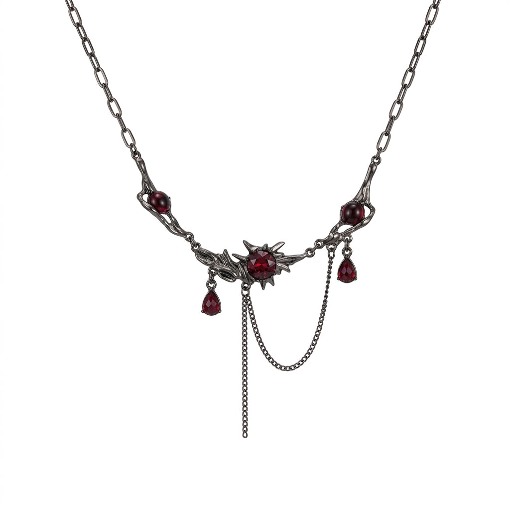 Visual Kei Gunmetal Branch & Garnet Crystal Draped Chain Necklace Shoptery Main image