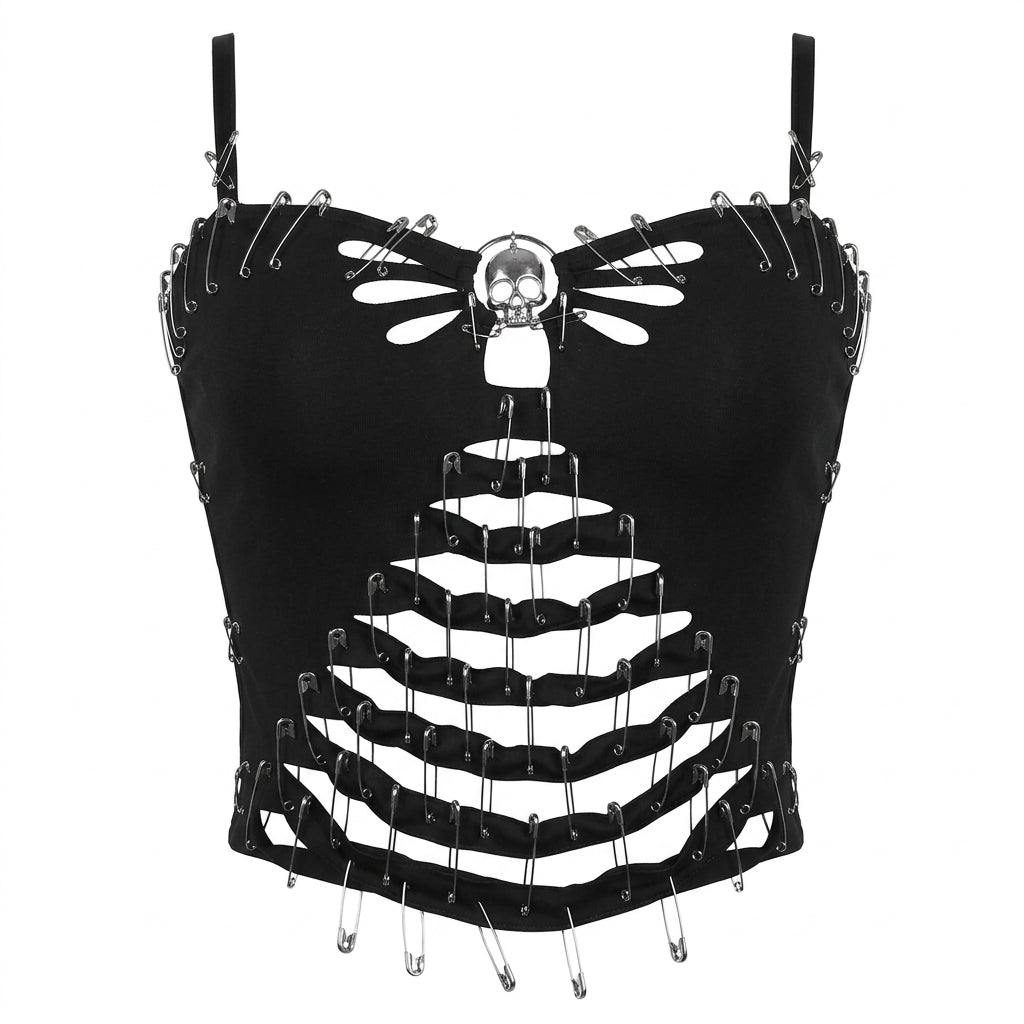 Visual Kei Skull Safety Pin Cut-Out Cage Crop Top Color 1 Shoptery