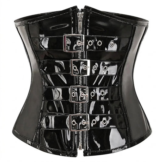 Visual Kei Black Patent PVC Underbust Corset with Buckles & Zipper black Shoptery