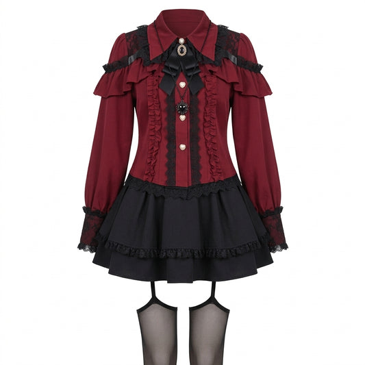 Jirai Kei Gothic Crimson Ruffle Blouse & Lace Mini Skirt Set Shoptery